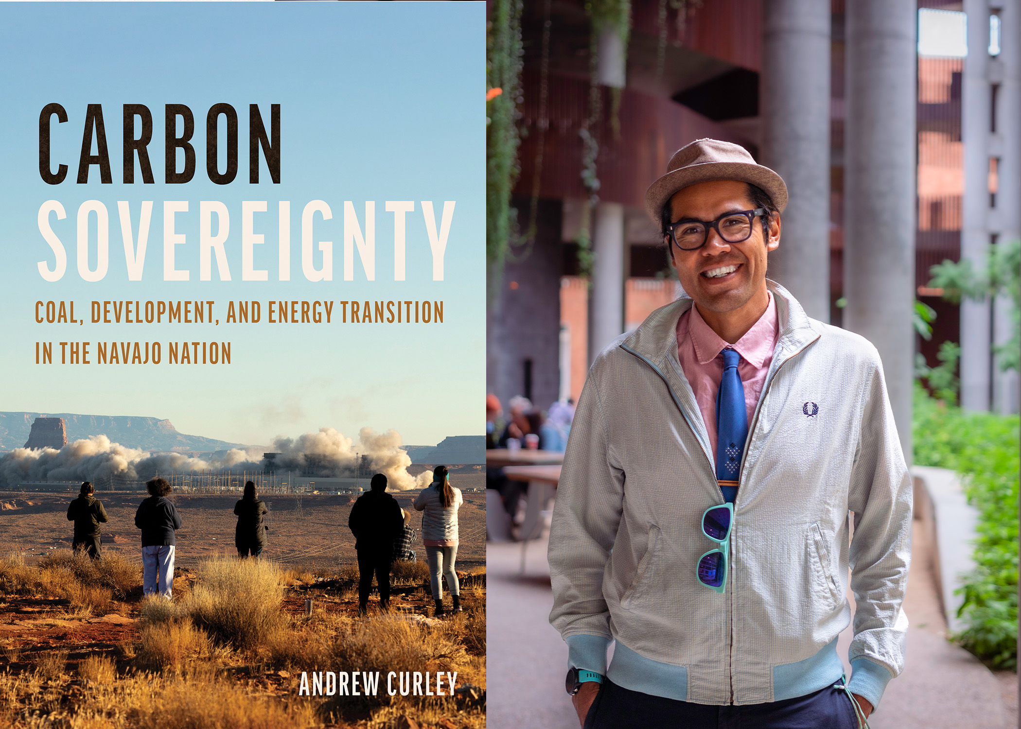 left is Carbon Sovereignty book cover, right is author Andrew Curley