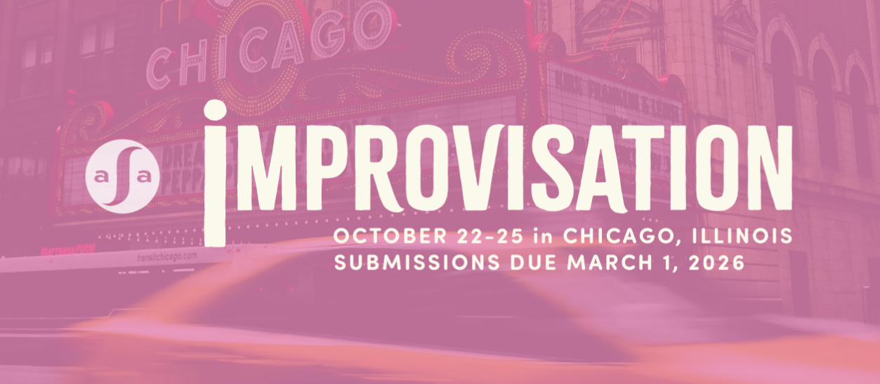 ASA conference header image, with the theme, "Improvisation" in bold white letters on pink background with chicago buildings visible